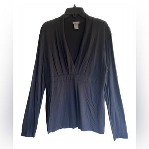 Ann Taylor black long-sleeve, deep v-neck shirt, size Medium.
